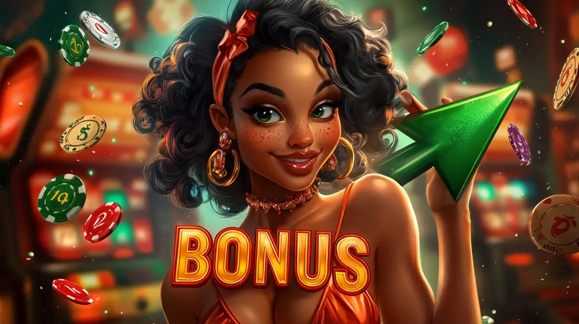 Claim Your Bonus and Win Big at BASA3! A happy woman with curly black hair holds cash, with a large 'BONUS' sign, as casino chips, cards, and money are flying around, celebrating a win at BASA3.