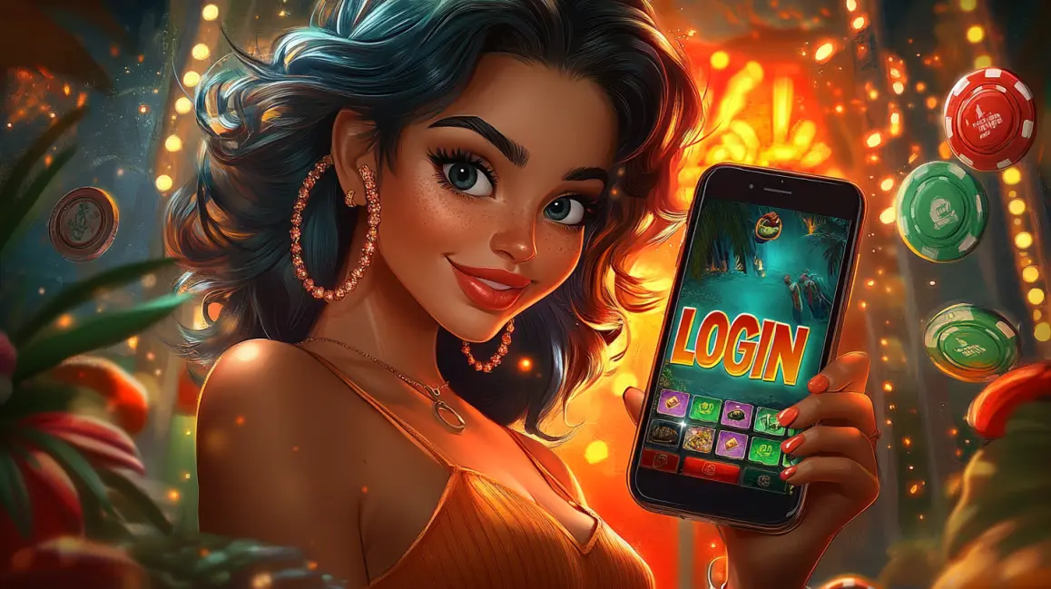 A stylish woman with blue hair and sunglasses holds a phone with a 'LOGIN' button, inviting you to sign in to your BASA3 account for a fun and rewarding tropical gaming session.